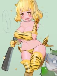 Rule 34 | 1girl, animal print, bandeau, beans, blonde hair, blush, breasts, cleavage, club (weapon), fang, fish head, gloves, highres, horns, large breasts, navel, nijitama shiyushiyu, oni, original, red eyes, setsubun, short hair, solo, standing, standing on one leg, tears, thighhighs, tiger print, weapon