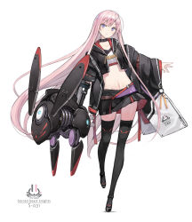 Rule 34 | 1girl, black coat, black footwear, black jacket, black skirt, boots, choker, closed mouth, coat, collarbone, crop top, cropped jacket, drone, flat chest, full body, highres, hood, hood down, hooded jacket, jacket, long hair, long sleeves, looking at viewer, machinery, midriff, miniskirt, navel, off shoulder, open clothes, open coat, open jacket, original, pink hair, poco (asahi age), purple eyes, shirt, skirt, solo, stomach, thigh boots, thighhighs, very long hair, white shirt, wide sleeves, zettai ryouiki