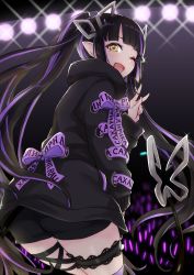 Rule 34 | 1girl, :d, ass, audience, black hair, black jacket, black ribbon, blunt bangs, blush, commentary request, cowboy shot, cross-laced clothes, cross-laced sleeves, demon girl, demon horns, demon tail, frills, glint, glowstick, highres, horns, jacket, jewelry, jyaco, kojo anna, kojo anna (1st costume), leg ribbon, long hair, long sleeves, looking at viewer, looking back, multicolored hair, nanashi inc., one eye closed, open mouth, pointy ears, purple hair, purple thighhighs, ribbon, ring, russian text, single thighhigh, smile, solo, stage lights, streaked hair, sugar lyric, tail, thigh strap, thighhighs, thighs, twintails, two-tone hair, virtual youtuber, w, yellow eyes