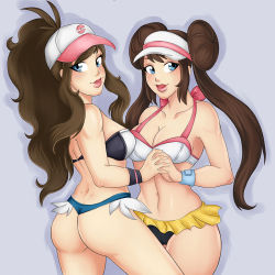 Rule 34 | 10s, 2girls, ass, ata yami, bare shoulders, baseball cap, blue eyes, blush, bra, breasts, brown hair, cleavage, creatures (company), double bun, game freak, hair bun, hat, hilda (pokemon), holding hands, interlocked fingers, large breasts, lips, long hair, looking at viewer, microskirt, multiple girls, navel, nintendo, open mouth, pokemon, pokemon bw, pokemon bw2, ponytail, rosa (pokemon), simple background, skirt, standing, swimsuit, thong, twintails, underwear, watch, wedgie, wide hips, wristwatch