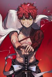 Rule 34 | 1boy, black hakama, cape, collarbone, cowboy shot, emiya shirou, fang, fate/grand order, fate (series), floating cape, gradient background, grin, hakama, hakama skirt, highres, japanese clothes, long sleeves, looking at viewer, male focus, red background, red hair, senji muramasa (fate), single sleeve, skirt, smile, solo, suzumetarou, sword, teeth, toned, toned male, weapon, white cape, yellow eyes