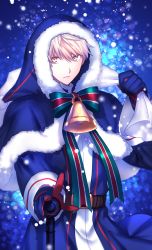 Rule 34 | &gt;:(, 1boy, arthur pendragon (fate), arthur pendragon alter (fate), artoria pendragon (all), artoria pendragon (fate), backlighting, bad id, bad pixiv id, bell, belt, belt buckle, blonde hair, blue coat, blue gloves, blurry, blurry background, bobblehat, bokeh, bow, bowtie, buckle, capelet, closed mouth, coat, cosplay request, depth of field, fate/grand order, fate/prototype, fate (series), fur-trimmed capelet, fur trim, gloves, hair between eyes, highres, holding, hood, hood up, long sleeves, looking at viewer, male focus, over shoulder, sack, santa alter, santa costume, serious, seseragi azuma, striped bow, striped bowtie, striped clothes, striped neckwear, upper body, v-shaped eyebrows, yellow eyes