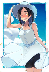 Rule 34 | 1girl, arm up, bare arms, bare shoulders, bike shorts, black hair, black shorts, blue dress, blue hair, blue hat, blue sash, blue sky, blush, border, breasts, cloud, collarbone, commentary request, cowboy shot, day, dress, flying sweatdrops, forehead, gluteal fold, hair ornament, hairclip, hand on headwear, hat, highres, kantai collection, kuroshio (kancolle), kuroshio kai ni (kancolle), looking at viewer, medium breasts, multicolored hair, nose blush, one eye closed, open mouth, outdoors, outside border, sash, see-through silhouette, short hair, shorts, skirt hold, sky, sleeveless, sleeveless dress, solo, standing, streaked hair, sun hat, taketora suzume, thighs, white border, wind, wind lift, yellow eyes