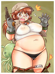 Rule 34 | 1girl, ^^^, alien, alternate form, baseball cap, belt, black panties, blush, breasts, brown eyes, brown hair, clothes pull, covered erect nipples, dog tags, fat, fio germi, glasses, gloves, gun, handgun, hat, jacket, large breasts, long hair, metal slug, midriff, muhyowo, navel, no bra, panties, ponytail, revolver, see-through, shirt, shoes, shorts, shorts pull, solo, sweatdrop, taut clothes, taut shirt, tears, tentacles, torn clothes, underwear, weapon, wedgie