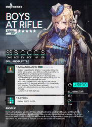 Rule 34 | 1girl, anti-materiel rifle, artist name, black eyes, black gloves, black jacket, black pants, blonde hair, blue hat, boots, boys (girls&#039; frontline), boys anti tank rifle, braid, character name, character profile, closed mouth, commentary, copyright name, english commentary, english text, french braid, girls&#039; frontline, gloves, gun, half gloves, hand on own hip, hat, holding, holding gun, holding weapon, jacket, jacket on shoulders, knee boots, leotard, long hair, long sleeves, looking at viewer, medal, multicolored clothes, multicolored hat, multicolored leotard, official art, pants, rifle, second-party source, sniper rifle, solo, standing, star (symbol), striped clothes, striped leotard, suzuno (bookshelf), vertical-striped clothes, vertical-striped leotard, very long hair, weapon, white hat, white leotard