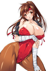 Rule 34 | 1girl, bandaged hand, bandages, bare shoulders, blush, breakers, breasts, brown eyes, brown hair, buttons, chestnut mouth, collarbone, commentary request, covered erect nipples, fingernails, headband, highleg, highleg leotard, highres, jacket, large breasts, leotard, lips, long hair, open mouth, pantyhose, ponytail, red leotard, shiny clothes, shiny skin, simple background, sleeveless, sleeveless jacket, smash daisaku, solo, strapless, strapless leotard, tia langray, white background