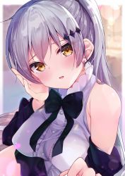 Rule 34 | 1girl, bare shoulders, black bow, black skirt, blouse, blurry, blurry background, blush, bokeh, bow, bowtie, breasts, brown eyes, crescent, crescent earrings, depth of field, earrings, five-seven (girls&#039; frontline), girls&#039; frontline, hair between eyes, hair ornament, hair ribbon, hand on own cheek, hand on own face, head tilt, highres, jacket, jewelry, large breasts, light particles, long hair, looking at viewer, off shoulder, ponytail, ribbon, rouka (akatyann), shirt, sidelocks, silver hair, skirt, sleeveless, sleeveless shirt, solo, sparkle, very long hair, white shirt