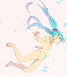 Rule 34 | 1girl, bad id, bad pixiv id, barefoot, breasts, cleft of venus, falling, hatsune miku, hayyan, highres, long hair, navel, nipples, nude, pussy, small breasts, solo, uncensored, vocaloid