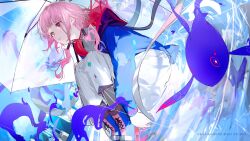 Rule 34 | 1girl, blue footwear, blue jacket, blue sky, boots, cross-laced footwear, day, dress, dutch angle, fish, floating hair, flying fish, hair over shoulder, hair tubes, highres, holding, holding umbrella, hood, hood down, hooded jacket, jacket, kaf (kamitsubaki studio), kamitsubaki studio, laplace (kamitsubaki studio), long sleeves, looking up, low twintails, multicolored eyes, nishikikope, outdoors, parted lips, pink hair, purple eyes, rain, red eyes, ripples, sitting, sitting on liquid, sky, solo, transparent, transparent umbrella, turtleneck dress, twintails, umbrella, umbrella over shoulder, virtual youtuber, white dress, yellow pupils