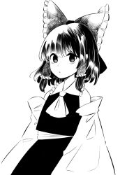 Rule 34 | 1girl, ascot, bare shoulders, bow, commentary request, cowboy shot, detached sleeves, expressionless, eyebrows hidden by hair, frilled shirt collar, frills, greyscale, hair bow, hair tubes, hakurei reimu, hanokami, highres, long sleeves, looking at viewer, medium hair, monochrome, parted lips, simple background, skirt, solo, touhou, vest, white background
