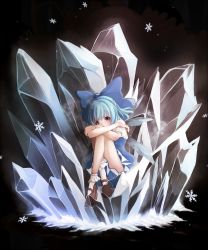 Rule 34 | 1girl, bad id, bad pixiv id, blue hair, bow, cirno, dress, hair bow, highres, ice, legs, mary janes, nemunemu (bluelight5), purple eyes, shoes, short hair, solo, touhou, wings