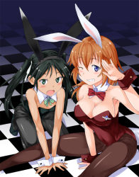 Rule 34 | 2girls, animal ears, black hair, black pantyhose, blue eyes, brown hair, charlotte e. yeager, checkered floor, fake animal ears, floor, francesca lucchini, green eyes, grin, kuronyan, leotard, long hair, multiple girls, one eye closed, pantyhose, playboy bunny, rabbit ears, smile, strike witches, twintails, wink, world witches series