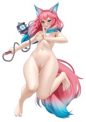 Rule 34 | 1girl, absurdres, animal ears, barefoot, blue eyes, blue hair, blue lips, blue nails, blush, breasts, clitoral hood, closed mouth, completely nude, feet, flail, fox ears, fox girl, fox tail, full body, gradient hair, highres, holding, holding weapon, kairunoburogu, kuji-in, long hair, looking at viewer, medium breasts, multicolored hair, nail polish, navel, nipples, nude, original, pink hair, pussy, simple background, smile, solo, tail, two-tone hair, uncensored, weapon, white background