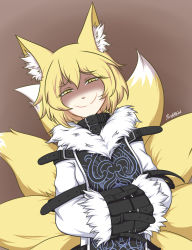 Rule 34 | 1girl, animal ear fluff, animal ears, bdsm, belt, belt buckle, blonde hair, bondage, bound, brown background, buckle, commission, dress, evil smile, fluffy collar, fox ears, fox tail, fur trim, highres, looking at viewer, multiple tails, para-n01d, paran01d, shaded face, short hair, signature, simple background, smile, solo, split mouth, squinting, straitjacket, tabard, tail, touhou, upper body, white dress, yakumo ran, yellow eyes