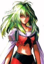 Rule 34 | 1girl, armor, closed mouth, dark-skinned female, dark skin, emerada (xenogears), green hair, highres, long hair, looking at viewer, midriff, navel, noie (neunteedelstein), scarf, shoulder armor, simple background, skirt, solo, torn clothes, white background, xenogears, yellow eyes