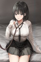 Rule 34 | 1girl, absurdres, black eyes, black hair, black necktie, black skirt, breasts, collared shirt, cowboy shot, hand up, highres, large breasts, leash, lillly, long sleeves, looking at viewer, necktie, original, parted lips, rope, school uniform, shirt, shirt tucked in, short hair, sitting, skirt, sleeves past wrists, smile, solo, thighs, viewer holding leash, wing collar