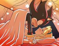 1boy 1girl blonde_hair blush furry hairband maria_robotnik nervous_sweating nude sega shadow_the_hedgehog sheet sonic_(series) sweat zuccakun