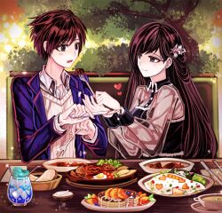 Rule 34 | 1boy, 1girl, alternate costume, bbing, black hair, blue jacket, blush, bread, bread slice, brown eyes, brown hair, collared shirt, couple, dress, drink, eating, feeding, flower, food, fork, hair flower, hair ornament, hamburger steak, hetero, holding, holding food, holding fork, holding knife, incoming food, jacket, juusan kihei bouei ken, knife, kurabe juurou, long hair, open mouth, pancake, plate, shared food, shirt, table, vest, white vest, yakushiji megumi