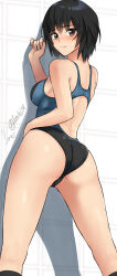 Rule 34 | 1girl, amagami, ass, black hair, black one-piece swimsuit, black socks, breasts, brown eyes, commentary, competition swimsuit, feet out of frame, from behind, highres, kneehighs, looking at viewer, looking back, medium breasts, nanasaki ai, one-piece swimsuit, racerback, revision, short hair, signature, socks, solo, swimsuit, twitter username, two-tone swimsuit, yoo tenchi