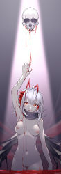 Rule 34 | 1girl, :d, absurdres, ahoge, ambiguous red liquid, arknights, arm up, armpits, bad id, bad pixiv id, breasts, chinese commentary, commentary request, cowboy shot, grey scarf, groin, highres, horns, light particles, light ray, looking at viewer, medium breasts, navel, nipples, nude, open mouth, red eyes, scarf, shao (shaorouhong), short hair, silver hair, skull, smile, solo, standing, stomach, w (arknights)