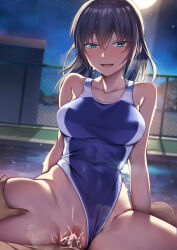 Rule 34 | 1girl, bare arms, bare shoulders, black hair, blue eyes, blue one-piece swimsuit, blush, censored, clothing aside, collarbone, commentary request, competition swimsuit, cum, cum in pussy, hetero, highres, looking at viewer, medium hair, mosaic censoring, one-piece swimsuit, original, outdoors, parted lips, pov, sex, smile, solo focus, spread legs, swimsuit, swimsuit aside, tsuki tokage, vaginal