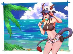 Rule 34 | 1girl, adjusting clothes, adjusting headwear, arknights, bare arms, bare shoulders, baseball cap, beach, bikini, black bikini, blue hair, blue shorts, breasts, ch&#039;en (arknights), ch'en (arknights), commentary, cowboy shot, dragon horns, dragon tail, female tourist c (arknights), food, hair between eyes, hand on own hip, hat, highres, holding, holding food, horns, horns through headwear, kakiyokan, long hair, looking to the side, medium breasts, navel, ocean, official alternate costume, open fly, open mouth, outdoors, popsicle, red eyes, short shorts, shorts, sideways glance, solo, standing, stomach, swimsuit, tail, thighs, white hat