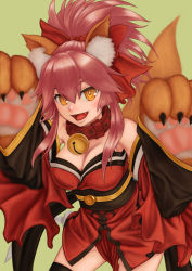 Rule 34 | 1girl, absurdres, animal ears, animal hands, bell, breasts, cleavage, collar, fangs, fate/grand order, fate (series), fox ears, fox tail, green background, hair ribbon, highres, large breasts, long hair, looking at viewer, neck bell, open mouth, pink hair, ribbon, simple background, solo, tail, tamamo (fate), tamamo cat (fate), tamamo cat (first ascension) (fate), tamamo no mae (fate/extra), yasu (segawahiroyasu), yellow eyes