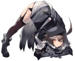 Rule 34 | 1girl, ahoge, arknights, arm rest, ass, beret, bird tail, black gloves, black hat, black thighhighs, blush, boots, brown hair, cloak, commentary request, feather hair, flexible, full body, garter straps, gloves, hair between eyes, hat, jack-o&#039; challenge, looking at viewer, meme, multicolored hair, plume (arknights), sasa onigiri, short hair, simple background, solo, spread legs, tail, thighhighs, top-down bottom-up, two-tone hair, white background, white hair, wide spread legs, yellow eyes