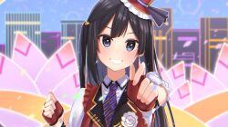 Rule 34 | 1girl, black hair, chase! (love live!), commentary, earrings, fingerless gloves, gloves, grey eyes, grin, hair ornament, hat, highres, jewelry, kaku zo 00, looking at viewer, love live!, love live! nijigasaki high school idol club, necktie, one side up, red gloves, sidelocks, smile, solo, stage, striped necktie, upper body, yuki setsuna (love live!)