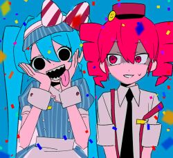 Rule 34 | 2girls, black eyes, black mouth, blue background, blue dress, buttons, confetti, double-breasted, dress, drill hair, hair between eyes, hands up, hatsune miku, kasane teto, kei (wa shoi), long hair, mesmerizer (vocaloid), multiple girls, open mouth, pink eyes, pink hair, puffy short sleeves, puffy sleeves, scared, sharp teeth, short sleeves, simple background, smile, striped clothes, striped dress, striped headwear, teeth, twin drills, utau, very long hair, vocaloid, wrist cuffs