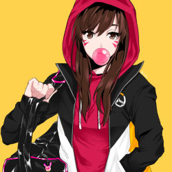 Rule 34 | 1girl, bag, bitto34, brown eyes, brown hair, blowing bubbles, charm (object), chewing gum, d.va (overwatch), drawstring, duffel bag, facepaint, facial mark, hood, hood up, hoodie, jacket, long hair, long sleeves, matching hair/eyes, open clothes, open jacket, overwatch, overwatch 1, shoulder bag, simple background, solo, upper body, whisker markings, yellow background