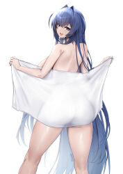 Rule 34 | 1girl, absurdres, artist name, ass, azur lane, blue eyes, blue hair, breasts, covering privates, from behind, highres, holding, holding towel, irkawaza, large breasts, long hair, looking at viewer, looking back, new jersey (azur lane), nude cover, simple background, smile, towel, very long hair, white background, white towel