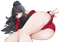 Rule 34 | 1girl, adjusting clothes, ass, ass focus, bare shoulders, black eyes, black hair, black tank top, blunt bangs, blush, breasts, closed mouth, dolphin shorts, half-closed eyes, head rest, heart, high ponytail, highres, jacket, large breasts, long hair, long sleeves, looking at viewer, lying, nujig, off shoulder, on side, original, panties, ponytail, red jacket, red panties, shorts, signature, simple background, sleeves past wrists, smile, solo, tank top, underwear, very long hair, white background