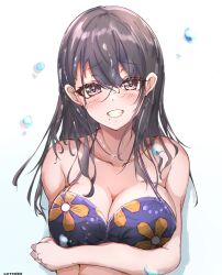 Rule 34 | 1girl, absurdres, arm under breasts, bikini, black hair, blush, breasts, cleavage, collarbone, grin, highres, hii (mzgu8388), idolmaster, idolmaster shiny colors, kazano hiori, large breasts, looking at viewer, mole, mole under mouth, purple bikini, simple background, smile, solo, straight hair, swimsuit, upper body, white background