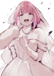 Rule 34 | 1girl, arima kana, blush, bob cut, bridal veil, bride, clutching chest, collarbone, commentary request, cowboy shot, crying, crying with eyes open, dress, gloves, hand on another&#039;s face, highres, inverted bob, jewelry, looking at viewer, manzin, medium hair, necklace, off-shoulder dress, off shoulder, open mouth, oshi no ko, partially colored, pov, red eyes, red hair, simple background, tears, teeth, upper teeth only, veil, wedding dress, white background, white dress, white gloves