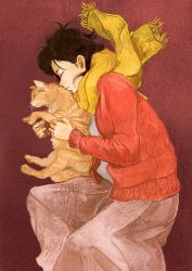 Rule 34 | 1girl, animal, brown hair, cat, closed mouth, commentary request, closed eyes, from side, gemi, highres, holding, holding animal, holding cat, jacket, lying, on side, original, red background, red jacket, scarf, short hair, skirt, sleeping, solo, yellow scarf
