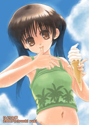 Rule 34 | 00s, 1girl, 2007, artist name, brown eyes, brown hair, camisole, cloud, dated, day, food, from below, ice cream, ice cream cone, licking, long hair, looking at viewer, lowres, melting, midriff, navel, original, outdoors, palm tree, sky, soft serve, solo, tongue, tongue out, tree, twintails, yuuki yuki