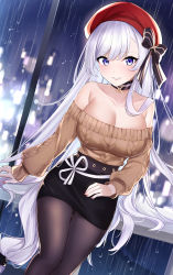 Rule 34 | 1girl, absurdres, artist name, azur lane, bare shoulders, belfast (azur lane), belfast (shopping with the head maid) (azur lane), beret, black choker, black pantyhose, black skirt, blue eyes, blurry, breasts, brown sweater, building, casual, choker, cleavage, collarbone, commentary, depth of field, hair between eyes, hat, head tilt, highres, jyu-so, large breasts, long hair, long sleeves, looking at viewer, miniskirt, night, night sky, off-shoulder sweater, off shoulder, official alternate costume, pantyhose, pencil skirt, rain, red hat, revision, sidelocks, silver hair, sitting on fence, skirt, sky, skyscraper, solo, sweater, thighs, very long hair