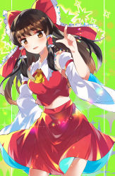 Rule 34 | 1girl, absurdres, armpits, ascot, blush, bow, breasts, brown eyes, brown hair, collar, detached sleeves, dutch angle, frilled bow, frilled hair tubes, frilled ribbon, frills, green background, hair bow, hair tubes, hakurei reimu, hand on own hip, highres, long hair, medium breasts, midriff, navel, nontraditional miko, pointing, pointing up, ra mun5239, red bow, red shirt, red skirt, ribbon, ribbon-trimmed sleeves, ribbon trim, shirt, sidelocks, skirt, skirt set, smile, solo, tied sleeves, touhou, white collar, wide sleeves, yellow ascot
