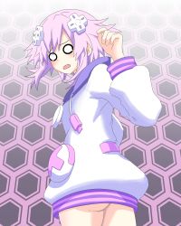 Rule 34 | 1girl, absurdres, ass, blush, d-pad, d-pad hair ornament, embarrassed, from behind, goluser, hair ornament, hairclip, hexagon, highres, honeycomb (pattern), honeycomb background, hood, hoodie, long sleeves, looking at viewer, looking back, luser go, neptune (neptunia), neptune (series), o o, open mouth, purple background, purple hair, short hair, standing, surprised, white hoodie