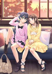 Rule 34 | 2girls, :/, ankle lace-up, autumn, bag, barefoot, belt, black hair, blush, boots, brown hair, casual, couch, cross-laced footwear, dress, feet, feet on chair, greek toe, green eyes, handbag, high heels, highres, knees together feet apart, long hair, multiple girls, open shoes, original, pillow, purple eyes, sandals, shoes, sitting, smile, sweater, tenkuu nozora, toes, tree, two side up, window