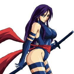 Rule 34 | 1girl, artist request, ass, breasts, expressionless, highleg, highleg leotard, holding, holding sword, holding weapon, katana, large breasts, leotard, long hair, looking at viewer, marvel, orange eyes, psylocke, red sash, revealing clothes, sash, sword, weapon, white background, x-men