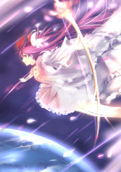 Rule 34 | 10s, 1girl, alternate hairstyle, bow (weapon), female focus, gradient background, kaname madoka, long hair, magical girl, mahou shoujo madoka magica, mahou shoujo madoka magica (anime), pink hair, shinhwe, solo, space, spoilers, twintails, two side up, ultimate madoka, very long hair, weapon