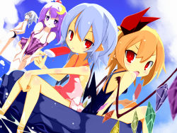 Rule 34 | 4girls, :o, alternate costume, alternate hairstyle, analog kenshi (moto), bare shoulders, bat wings, bikini, blonde hair, blue hair, blurry, blush, braid, breasts, cleavage, crescent, crescent hair ornament, depth of field, fang, flandre scarlet, food, hair ornament, hair ribbon, highres, izayoi sakuya, large breasts, looking at viewer, multiple girls, no headwear, one-piece swimsuit, open mouth, patchouli knowledge, pointy ears, ponytail, popsicle, red eyes, remilia scarlet, ribbon, short hair, sideboob, soaking feet, striped clothes, striped one-piece swimsuit, swimsuit, topless, touhou, vertical-striped clothes, vertical-striped one-piece swimsuit, wings
