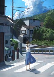 Rule 34 | 1girl, anyotete, blouse, blue skirt, blue sky, brown eyes, brown footwear, brown hair, building, bush, closed mouth, cloud, commentary, crosswalk, day, english commentary, fence, hair bun, hand up, highres, long hair, looking at viewer, motor vehicle, original, outdoors, pickup truck, power lines, road, scenery, shadow, shirt, shoes, short sleeves, single hair bun, skirt, sky, smile, solo, street, tree, truck, utility pole, white shirt, wide shot