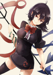 Rule 34 | asymmetrical wings, beige background, black dress, black hair, black thighhighs, bow, bowtie, commentary, cowboy shot, deetamu, dress, highres, houjuu nue, looking at viewer, nue day, pointy ears, polearm, red bow, red bowtie, simple background, smirk, solo, thighhighs, tight clothes, tight dress, touhou, trident, weapon, wings, zettai ryouiki
