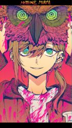 Rule 34 | 1boy, arms up, bird, blood, blood on clothes, blood on hands, blue eyes, brown hair, brown jacket, gradient eyes, green eyes, hair between eyes, highres, holding, hotline miami, jacket, kanae (nijisanji), letterboxed, long sleeves, looking at viewer, maki keigo, male focus, mole, mole under eye, multicolored eyes, nijisanji, owl, parted lips, pink blood, ponytail, shirt, simple background, solo, virtual youtuber, white shirt