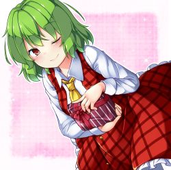 Rule 34 | 1girl, aka tawashi, ascot, blush, box, commentary request, dutch angle, green hair, highres, holding, kazami yuuka, long sleeves, looking at viewer, one eye closed, petticoat, pink background, plaid, plaid skirt, plaid vest, red eyes, red skirt, red vest, shirt, short hair, skirt, smile, solo, touhou, two-tone background, vest, white background, white shirt, yellow ascot