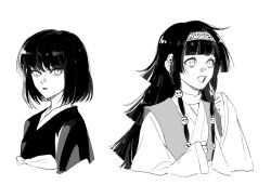 Rule 34 | 2boys, 9k9 y, alluka zoldyck, commentary, dress, greyscale, hairband, highres, hunter x hunter, japanese clothes, kalluto zoldyck, kimono, long hair, looking at viewer, looking to the side, monochrome, multiple boys, open mouth, pinafore dress, short hair, sidelocks, simple background, sleeveless, sleeveless dress, upper body, wide sleeves
