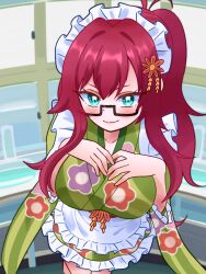 1girl blush breasts glasses green_eyes kimi_no_koto_ga_dai_dai_dai_dai_daisuki_na_100-nin_no_kanojo large_breasts long_hair maid_headdress maid_tiger red_hair smile yakuzen_kusuri